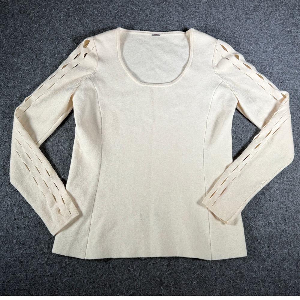 Elie Tahari Cream Extrafine Merino Wool Scoop Neck Cut Out Sleeve Sweater